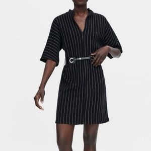 Zara Mandarin Collar Black and White Stripe Knit Tunic Dress Size Small